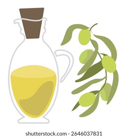 Vector illustration of olive oil jar with green olive branch. Perfect for Hanukkah, Mediterranean cuisine, organic food, skincare, health and natural product concepts