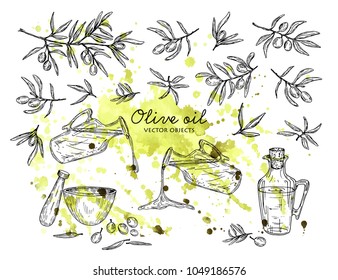 Vector illustration. Olive oil and olives objects set.