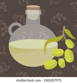 Vector illustration of olive oil in a vessel and a sprig of olive