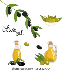 Vector illustration of olive symbols. Bottle of olive oil for cooking, olives in a bowl isolated on a white background.
