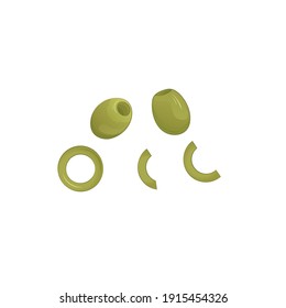 Vector illustration of olives. Chopped and whole. Isolated from background