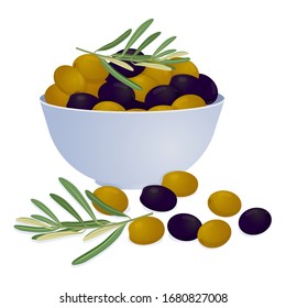 Dibujo vectorial de aceitunas con hojas y una Copa de aceitunas negras y verdes. Vector