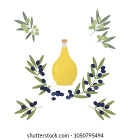 Vector illustration with olives. A set of elements. Olives, olive oil on white isolated background. Template for store design, poster. vib - design.