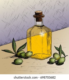 Vector illustration of Olives. Sketch of Olives. Olives and a bottle of olive oil.
