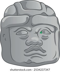 Ilustración vectorial de una cabeza olmeca tallada en piedra de la cultura mexicana. Estilo de dibujos animados.