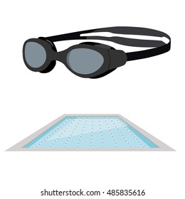 Vector Illustration Olympic Swimming Pool And Swimming Goggles. Sport And Recreation, Healthy Life Style, Fitness, Energy, Summer Activities. 