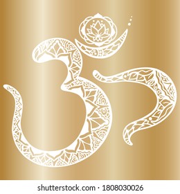 Vector Illustration Of Om Ohm Aum Symbol On A Gold Background. Yoga, Meditation, Relaxation.