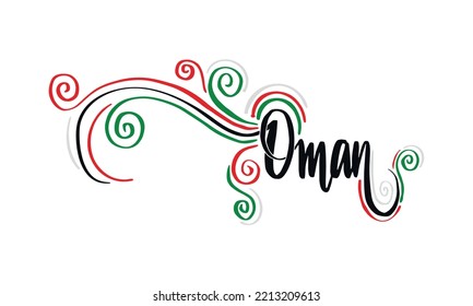 Vector Illustration of "Oman" in Hand-drawn Lettering Art and Flag Colors Palette.