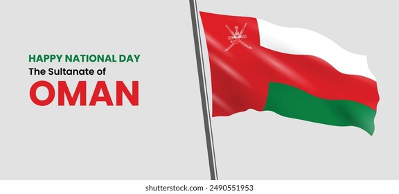 Vector Illustration for Oman National Day Celebration: Happy National Day Banner Featuring Waving Omani Flag, Commemorative Design with Omani Flag and Slogan