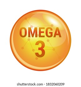 Vector illustration of omega-3 polyunsaturated fatty acid found in fish, oils, eggs, chia, and flax seeds. Vector medical icon of capsule for health. Gold shining pill isolated on a  white background.