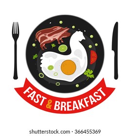 Vector illustration omelet with bacon, parsley, green pea, onion and tomato in flat style. Can be used for restaurant logo, cafe, eatery, advertising and web design. Chicken and pork concept icon.