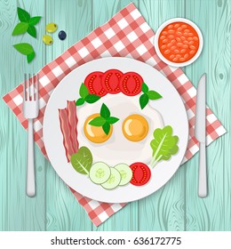 Vector illustration of omelet with bacon and vegetables.  Scrambled eggs breakfast.