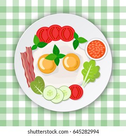 Vector illustration of omelet with bacon and vegetables.  Scrambled eggs breakfast.