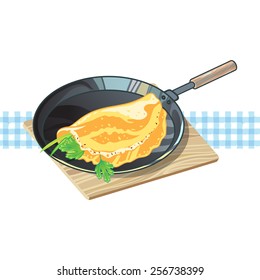  Vector illustration of omelet on frying pan.  Can be used for cards, fabrics, illustrations, wallpapers, template for design and decoration, etc