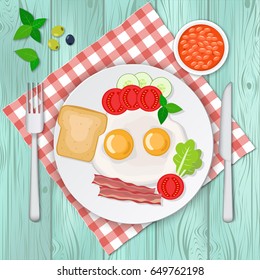 Vector illustration of omelette with bacon and vegetables.  Scrambled eggs breakfast.