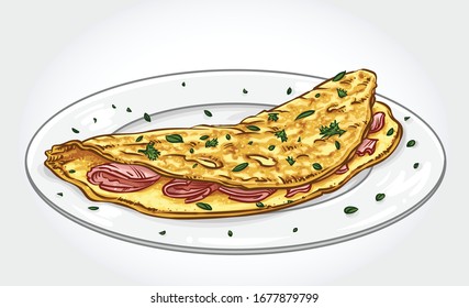 Dibujo vectorial de una tortilla con jamón y queso en un plato.
