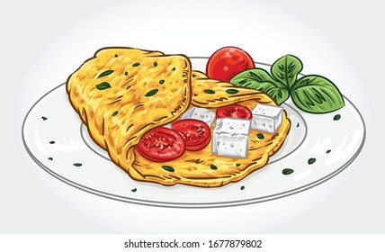 Vector illustration of an omelette with tomato and cheese on a plate.