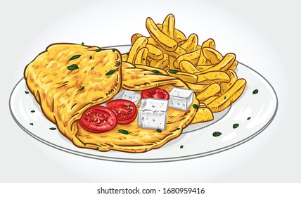 Vektorillustration eines Omeletts mit Tomate, Käse und Pommes frites auf weißem Teller.