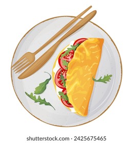 Vector illustration of an omelette with tomato slices and arugula on a plate with a fork. View from above