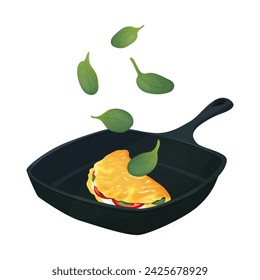 Ilustración vectorial de una tortilla con rodajas de tomate y espinacas en una sartén.