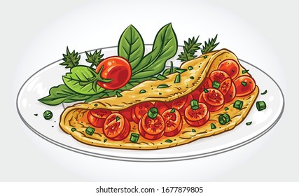 Vector illustration of an omelette with tomatoes and fresh vegetable salad.