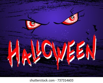 Vector illustration with ominous eyes of the pumpkin on the grunge night background with text Halloween. Hand drawn lettering.