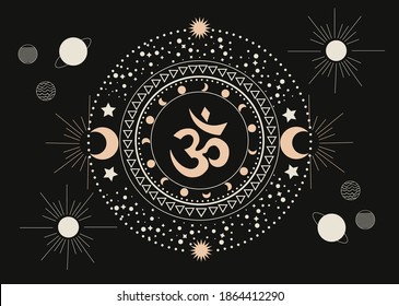 Ilustración vectorial de la cantación omm en el centro del sistema solar, entre el sol y los planetas, símbolo de yoga