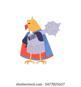 Vector illustration on an animal warrior theme, depicting a bold yellow eagle dressed in medieval armor, complemented by a blue cloak and mace. Fantasy superhero in flat style on isolated background.