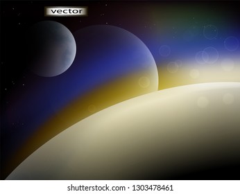 Vector illustration on another planet ball from space view of planetary systems with atmosphere and satellites