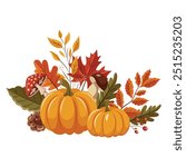 Vector illustration on an autumn theme. Ripe pumpkins, mushrooms and leaves. Thanksgiving Day. Halloween.