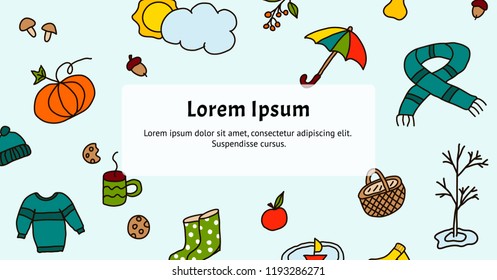 Vector illustration on autumn theme with scarf, sweater, rowan, coffee, cookies, basket, pear, apple, mushrooms, acorns. Template for banners, postcards, presentations.