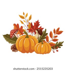 Vector illustration on an autumn theme. Ripe pumpkins, mushrooms and leaves. Thanksgiving Day. Halloween.