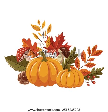 Vector illustration on an autumn theme. Ripe pumpkins, mushrooms and leaves. Thanksgiving Day. Halloween.