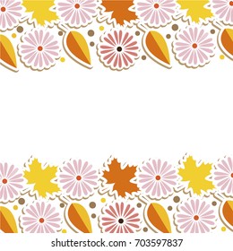 Vector illustration on autumn yellow/ orange flowers and leafs. Back to school floral design on white background. Simple flat style. For banners, posters, presentations, templates, cards/ invitations