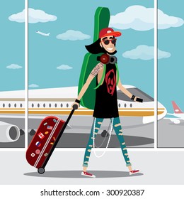 Vector illustration on background with airplane featuring rock musician at the airport with suitcase and musical instrument in its case