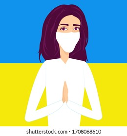 Ilustración vectorial sobre el fondo de la bandera de Ucrania. La niña trabajadora médica con una máscara blanca protectora en su cara dobló sus manos y reza a Dios por toda la gente.Concepto de coronavirus. 