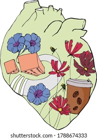 vector illustration on the background of the heart,high-rise buildings,roads,city flowers and a glass of coffee,doodle