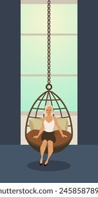 Vector illustration on the background of an interior with a window and a modern egg-shaped armchair with a hanging attachment in the form of a chain, on which a girl is resting.