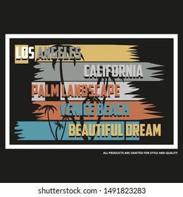Vector illustration on a beach theme of surfing in California, Venice Beach. Vector with palm trees. Typography for print t-shirt and apparels.