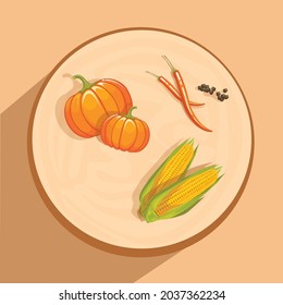 Vector illustration. On a beige background, a plate with a set of autumn vegetables and spices, orange pumpkins, red, hot chili pepper, Golden corn, black pepper peas.