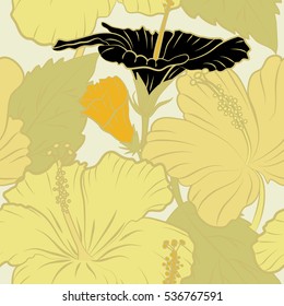 Vector illustration on beige background. Multicolored hibiscus pattern. Seamless pattern of tropical flowers.