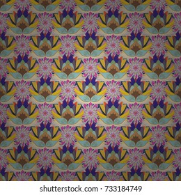 Vector illustration. On beige, blue and neutral colors. 3d flowers, seamless.
