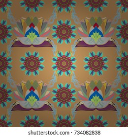 Vector illustration. On beige, blue and green colors. Seamless pattern in vintage style with bouquets of flowers.