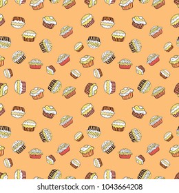 Vector illustration. On beige, white and yellow. Of different types of beautiful modern cakes, such as chocolate cake. Cakes seamless pattern collection.