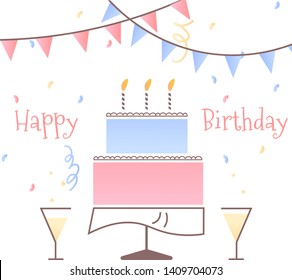 Vector illustration on birthday thematic with cake, champagne glasses, garland of flags and confetti. Birthday Card.