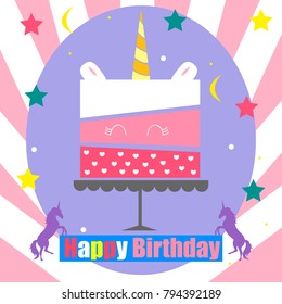 
Vector illustration on a birthday theme. Birthday cake. Greeting card for girls. Cake with a unicorn