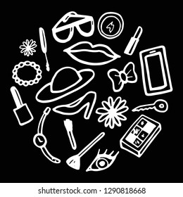Vector illustration on black background. Women accessories. chalk drawings. black and white.