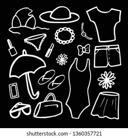 Vector illustration on black background. Fashion set of woman's summer clothes and accessories. Black and white.