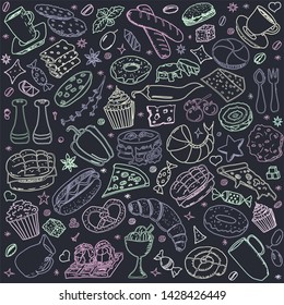 Vector Illustration on black background with breakfast,coffee,pizza,snacks.Useful for packaging,menu design and interior decoration.Hand drawn doodles.Sketchy collection of food elements.Chalk board.