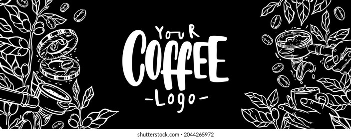 Vector illustration on a black background in the style of a chalk board. Coffee cover banner for social media in cafe, restaurant. Hands of a barista make coffee with tools.